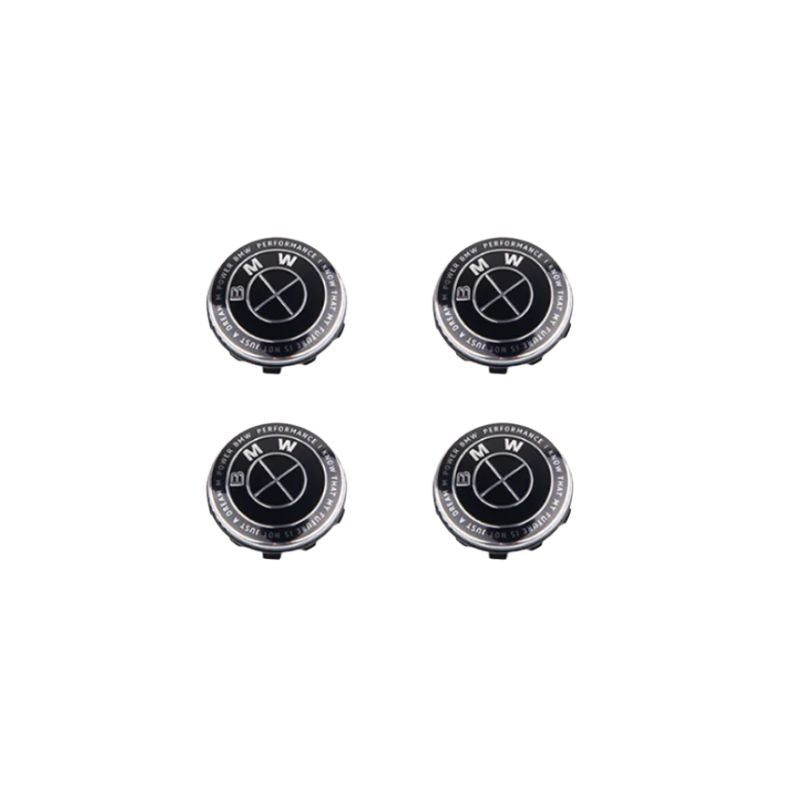 BMW 50TH ANNIVERSARY FULL BLACK FLOATING WHEEL CENTRE CAP SET