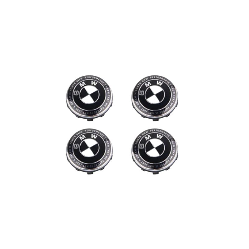 BMW 50TH ANNIVERSARY WHITE BLACK FLOATING WHEEL CENTRE CAP SET