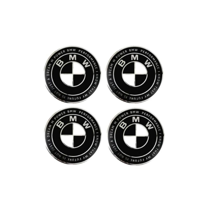 BMW 50TH ANNIVERSARY WHITE BLACK FLOATING WHEEL CENTRE CAP SET